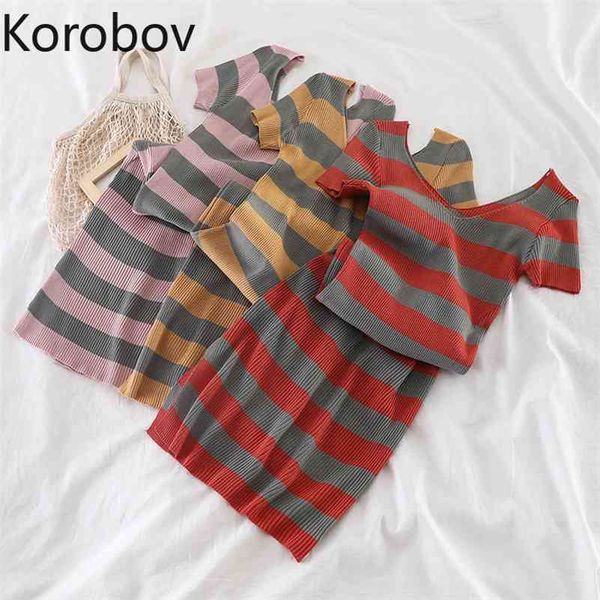 

korobov o neck short sleeve summer dress high waist hip bodycon vestido contrast color striped patch long knit ropa 2a944 210430, Black;gray