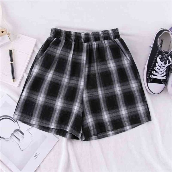 

summer women's harajuku plaid elastic waist loose casual shorts 210621, White;black