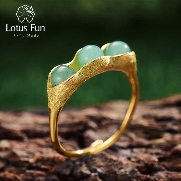 Lotus divertimento real 925 prata esterlina 18k anel de ouro artesanal jóias finas pedras naturais de ervilhas criativas anéis de design para as mulheres 211217