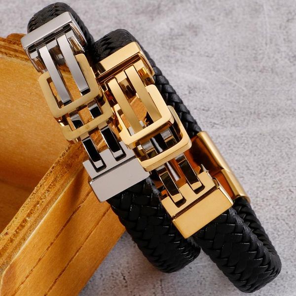 

factory drop wrap bracelets magnetic 12mm golden stainless steel genuine leather bracelete for men cowhide jewelry man link chain, Black