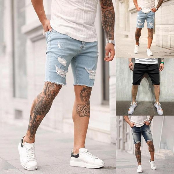 

men's shorts puimentiua 2021 brand men jeans short pants destroyed skinny ripped pant frayed denim plus size s-3xl, White;black