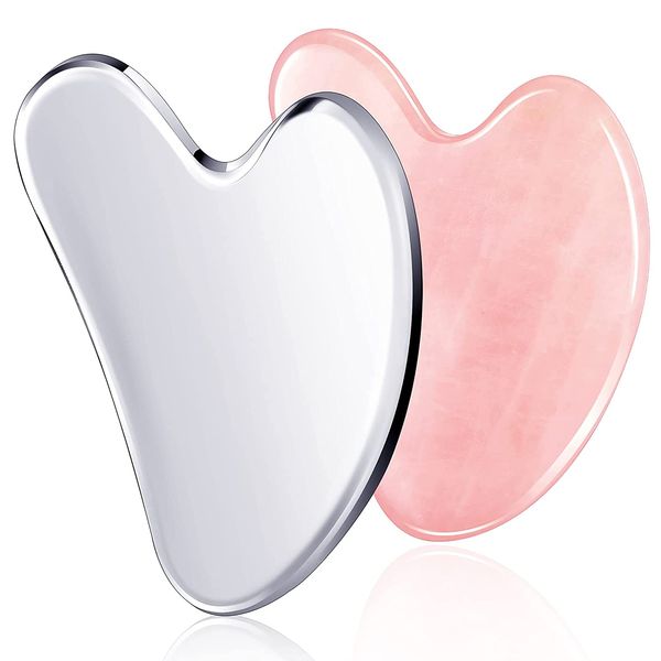 Confezione da 2 pezzi Quarzo rosa e acciaio inossidabile Gua Sha Set di strumenti per massaggio viso Pietra di giada naturale Guasha Board per Lifting facciale Massaggiatore Bellezza Occhi Collo Corpo raschiante