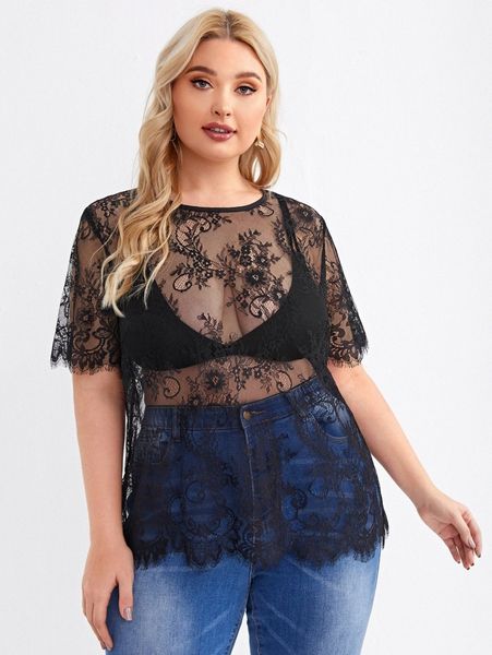 

plus keyhole back lace sheer without bra y3o3#, Black