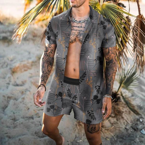 

men's tracksuits suit 2021 summer fashion 3d color stripe printing shorts shirt two-piece breathable beach sports volleyball, Gray