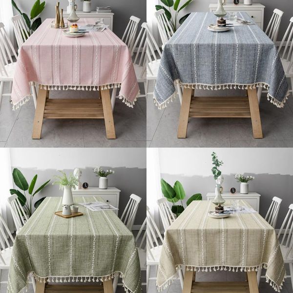 

table cloth geometry stripe cotton linen embroidery tablecloth with tassel dustproof pink fabric el home decor cover