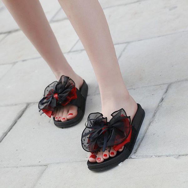 

slippers shaheen fashion to wear one word female bow thick soles non-slip korean edition beach shoes large size 44 sandals, Black
