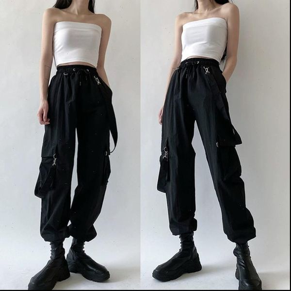 

fashion harajuku cargo black women capri detachable strap trousers elastic waist streetwear plus zise casual, Black;white
