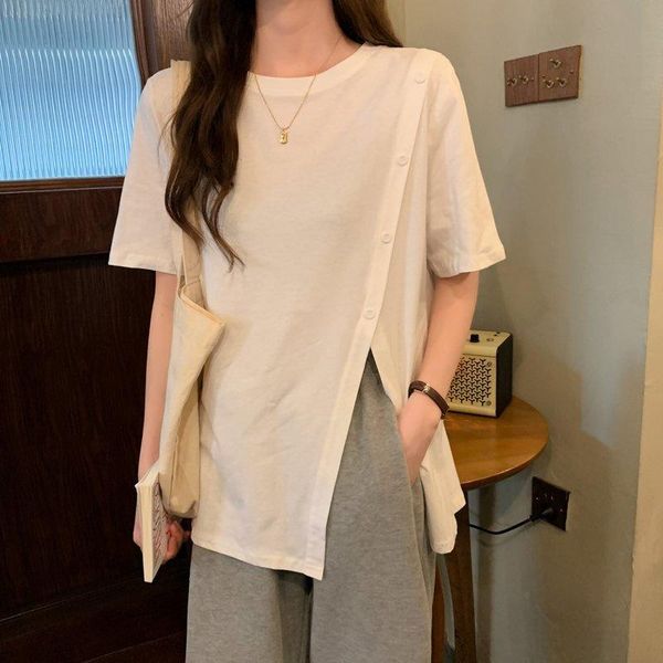 

women's t-shirt t-shirts irregular side split buttons long womens oversized elegant o-neck short sleeve tees summer casual, White