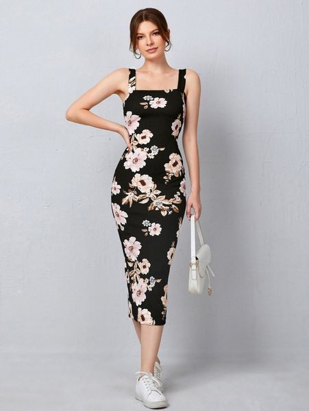 

split hem floral dress j6ba#, Black;gray