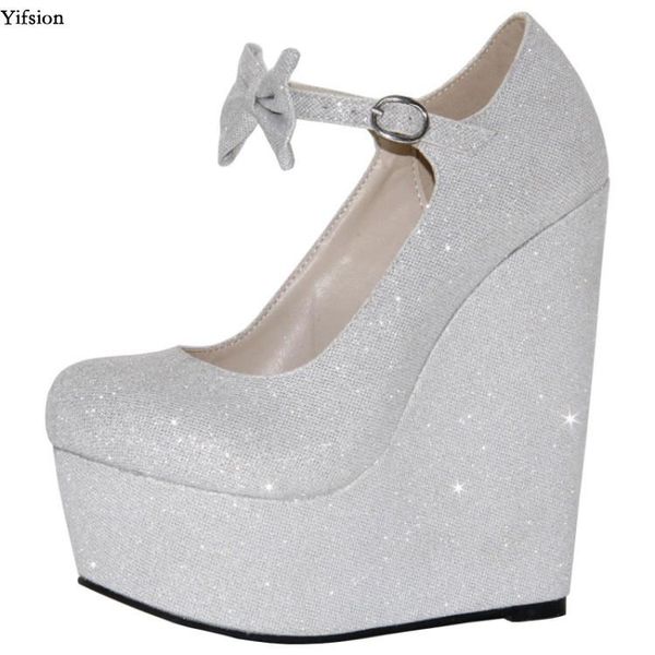 

olomm fashion women platform pumps wedges high heels stylish round toe gorgeous silver party shoes us size 4-.5 dress, Black