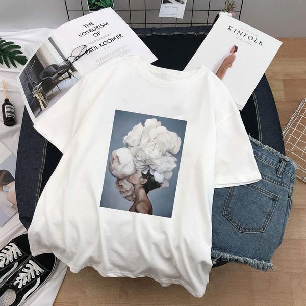 

women's t-shirt 100%cotton soft loose flowers feather print short sleeve & tees fashion casual couple women top, White