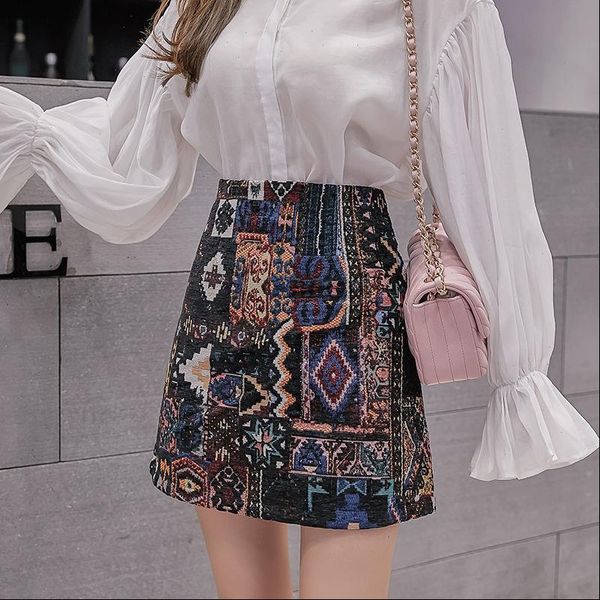 

the national wind embroidery vintage women skirt high waisted a line spring autumn ladies fashin mini, Black