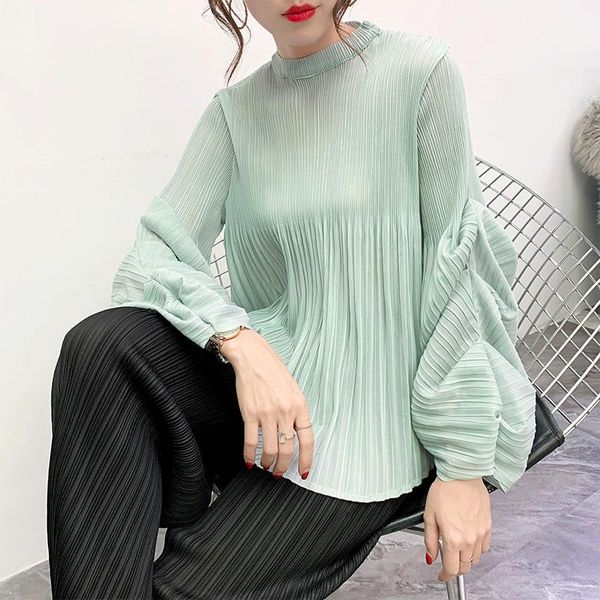 

miyak pleated women's spring summer 2021 t-shirt fashion style small high neck elegant puff sleeve casual plus size blouses & shirts, White