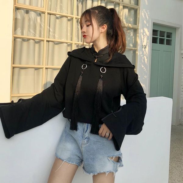 

women's hoodies & sweatshirts vintage chinese style full sleeve black hooded woman spring autumn fashion brand clothing tassel loose