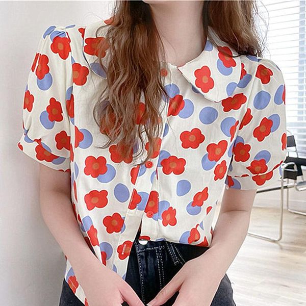 

women's knits & tees korean fashion puff sleeve ladies floral shirt button up shirts women 2021 summer blouses blusas vintage elegant, White