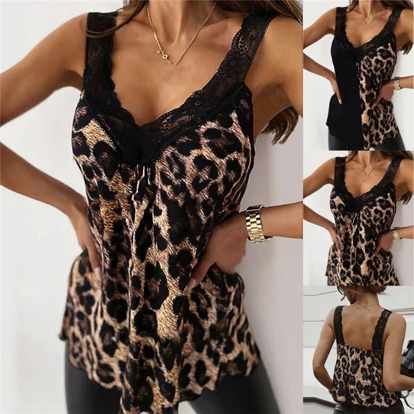 

women's tanks & camis fashionable summer ladies v-neck sleeveless holiday casual leopard grain lace splicing printing condole belt unli, White