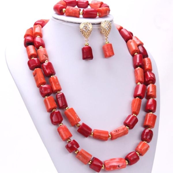 Brincos Colar Est Dudo Africano Original Vermelho e Laranja Coral Beads Jóias Conjunto Fato Nigeriano Para As Mulheres 2021