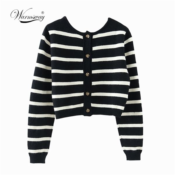 

spring black&white striped knit cropped cardigan long sleeve casual slim knitted women wool sweater outwear korean c-201 210522