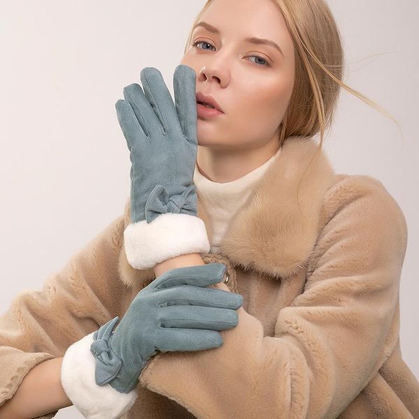 

five fingers gloves women' fashion suede plus velvet plush bow winter touch screen female mittens warm s2359, Blue;gray