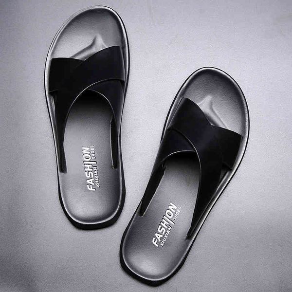 

two summer layer leather sandals casual beach shoes men's, Black