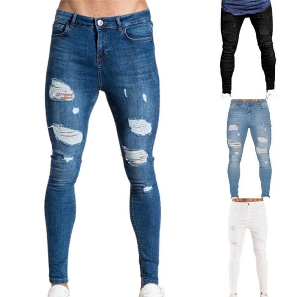 

men's pants mens ripped fashion jeans skinny slim fit long distressed denim trousers, Black