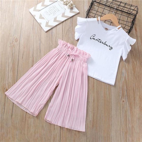 

clothing sets 2021 girls summer set t-shirt wide leg pants children short sleeve baby girl clothes, White