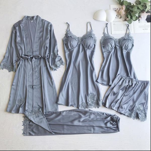 

gray 5pcs nightgown set womens sleepwears lace nightwear v neck pajamas suit homewear spring sleepwear robe gown sleep wear pijama, Black;red