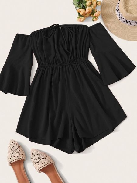

solid flounce sleeve tie front bardot romper f6ub#, White