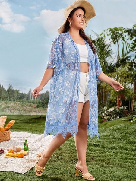 

plus ditsy floral lace kimono x63p#, Black