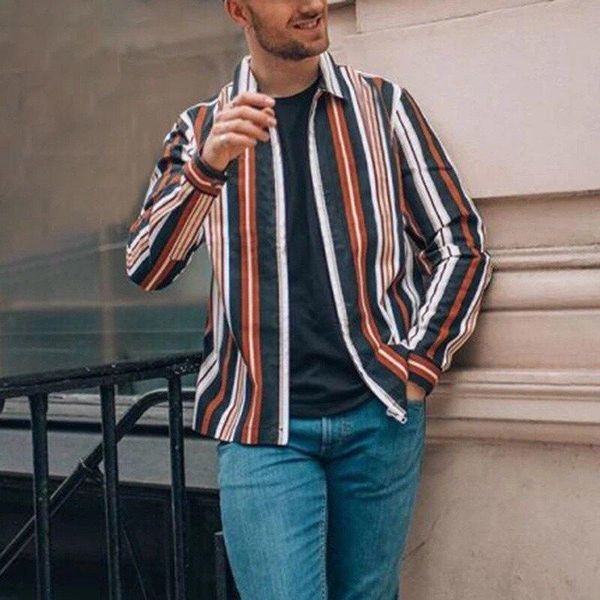 

men's casual shirts 2021 spring loose retro shirt striped long-sleeved fashion, White;black