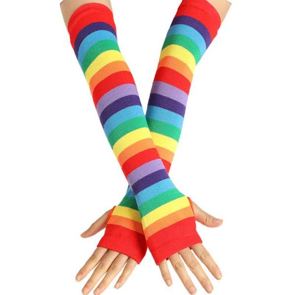 

five fingers gloves q6pb women girl knitted over elbow long arm warmers us flag rainbow stripes patchwork fingerless with thumb hole party, Blue;gray