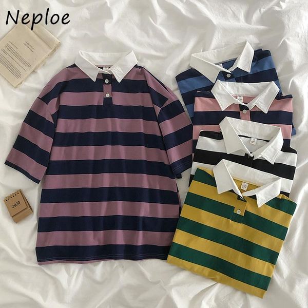 

women's t-shirt neploe turn down collar hit color stripes women t shirt 2021 summer preppy style all-match tee fashion chic button shir, White