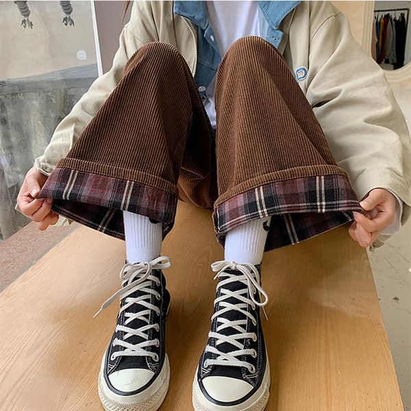 

women's pants & capris casual corduroy women 2021 autumn winter elastic high waist plaid wide leg plus size trousers femme pantalon, Black;white