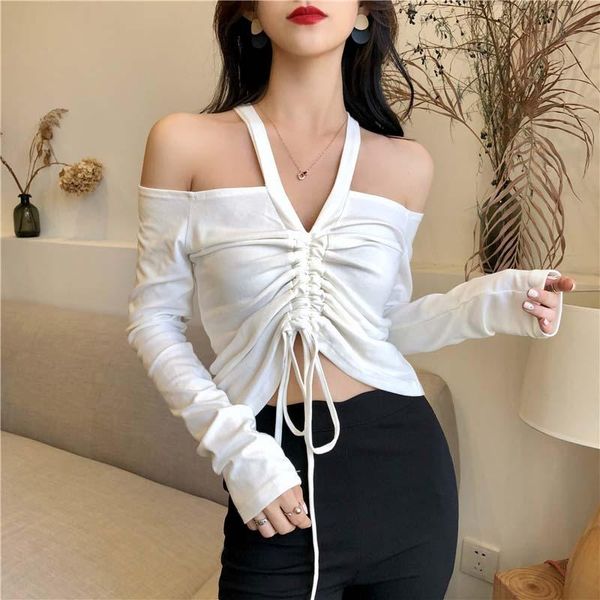

women's t-shirt women halter off shoulder fashion long sleeve lace up 2021, White
