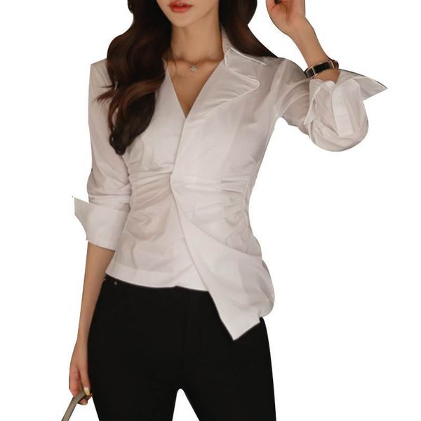Sommer Hohe Qualität Frauen Büro Dame Formale Langarm V-ausschnitt Schlank Bluse Casual Solide Weiß Baumwolle Hemd Tops 210416
