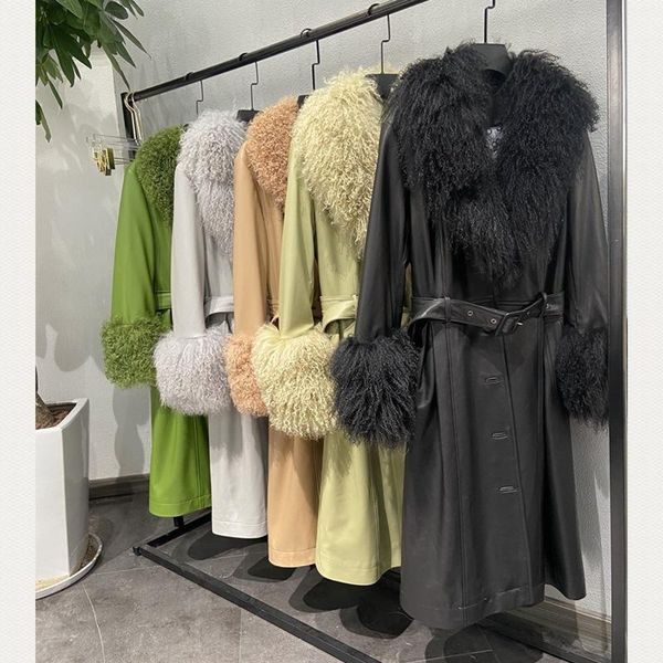 

women's trench coats winter women long fur collar leather coat, Tan;black