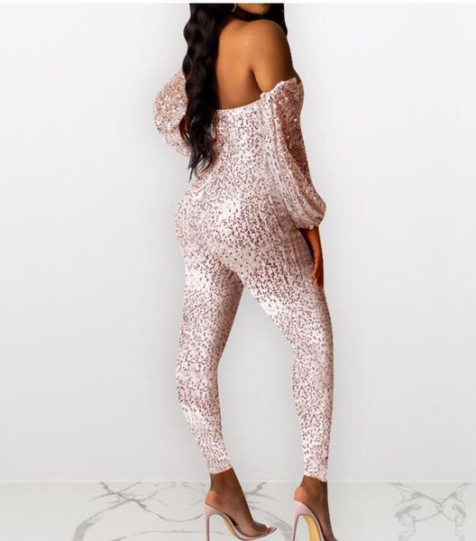 

women's jumpsuits & rompers autumn fashion sequins with long sleeve one-shoulder nightclub party jumpsuit women, Black;white
