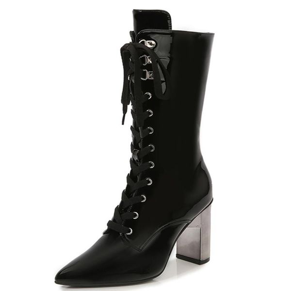 

boots 2021 winter -selling elegant women's lace-up knee-length classic pointed toe solid color plush inner lining warm, Black