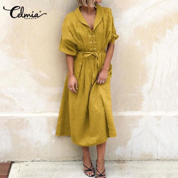 

casual dresses sets 5xl elegant party dress celmia women revers short mouwen vintage long shirt belted beach femme plus size xtjo, Black;gray