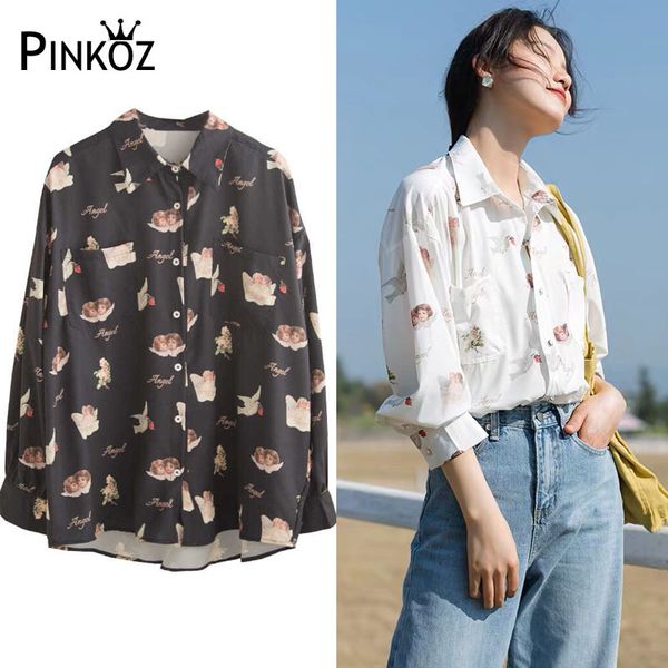 

vintage angel carrier pigeon printed shirt spring design loose long-sleeved casual chiffon plus size 210421, White