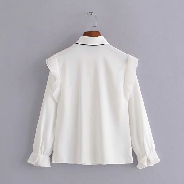 

Women's Blouses & Shirts Crochet Runway Tops Women Fashion Long White Ruffles Shirt camisetas Autumn clothing bow layer W68B
