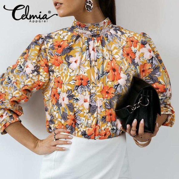

women fashion stand collar blouse autumn celmia elegant long sleeve flower print casual office shirt blusas plus size women's blouses, White