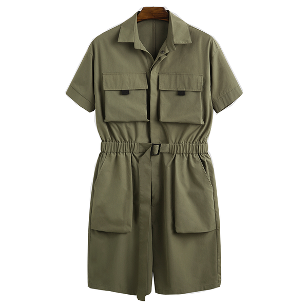 

men's pants short sleeve overalls fashion streetwear multi-pocket shorts loose jumpsuit solid color 2021, Black