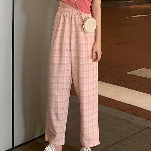 

fashion casual plaid women capri high waist wide leg long student spring pink flare trousers, Black;white