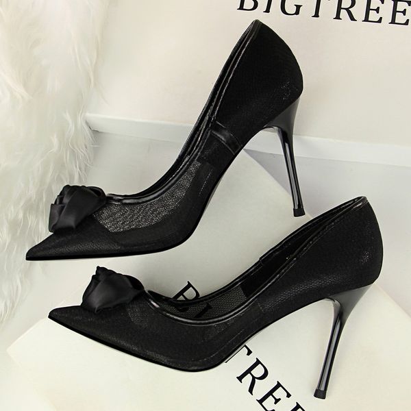

nightclub slim women's shoes mesh hollow silk satin rose high heels, Black
