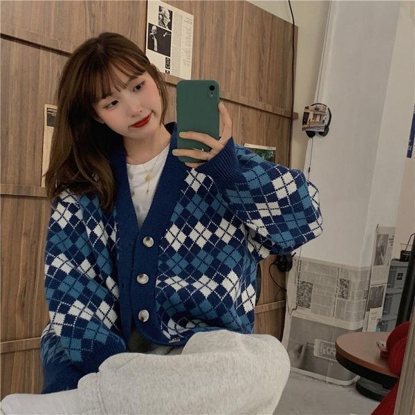 

women's knits & tees ladies cardigans long sleeve knitted argyle sweater women korean pink vest sweaters female jumpers cardigan jacket, White