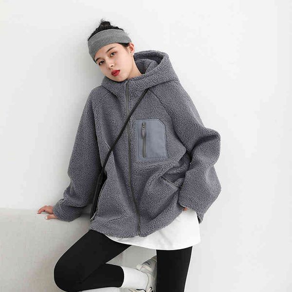 

women's fur & faux street casual hooded granular fleece coat autumn and winter new lamb fur loose short s jackets women v8s4, Black