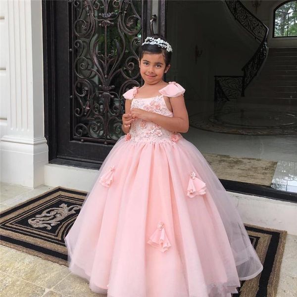 Girl's Dresses Lace Flower Girl Pageant com cor-de-rosa blush Applique uma linha Sheer Sweep Sweep Train Troy Adolescentes Festa de Aniversário Comunhão Vestidos