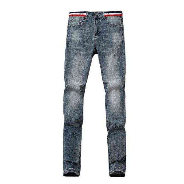 

men's jeans designer brand fashion embroidered pants light slim fit small feet casual versatile summer thin emcw, Blue