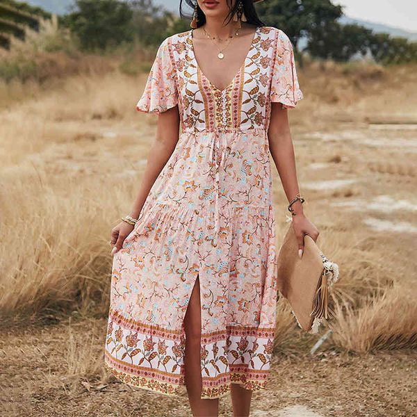 

casual dresses women elegant v neck flying sleeve high waist bandage bow floral print ladies dress split midi summer boho 2if4, Black;gray